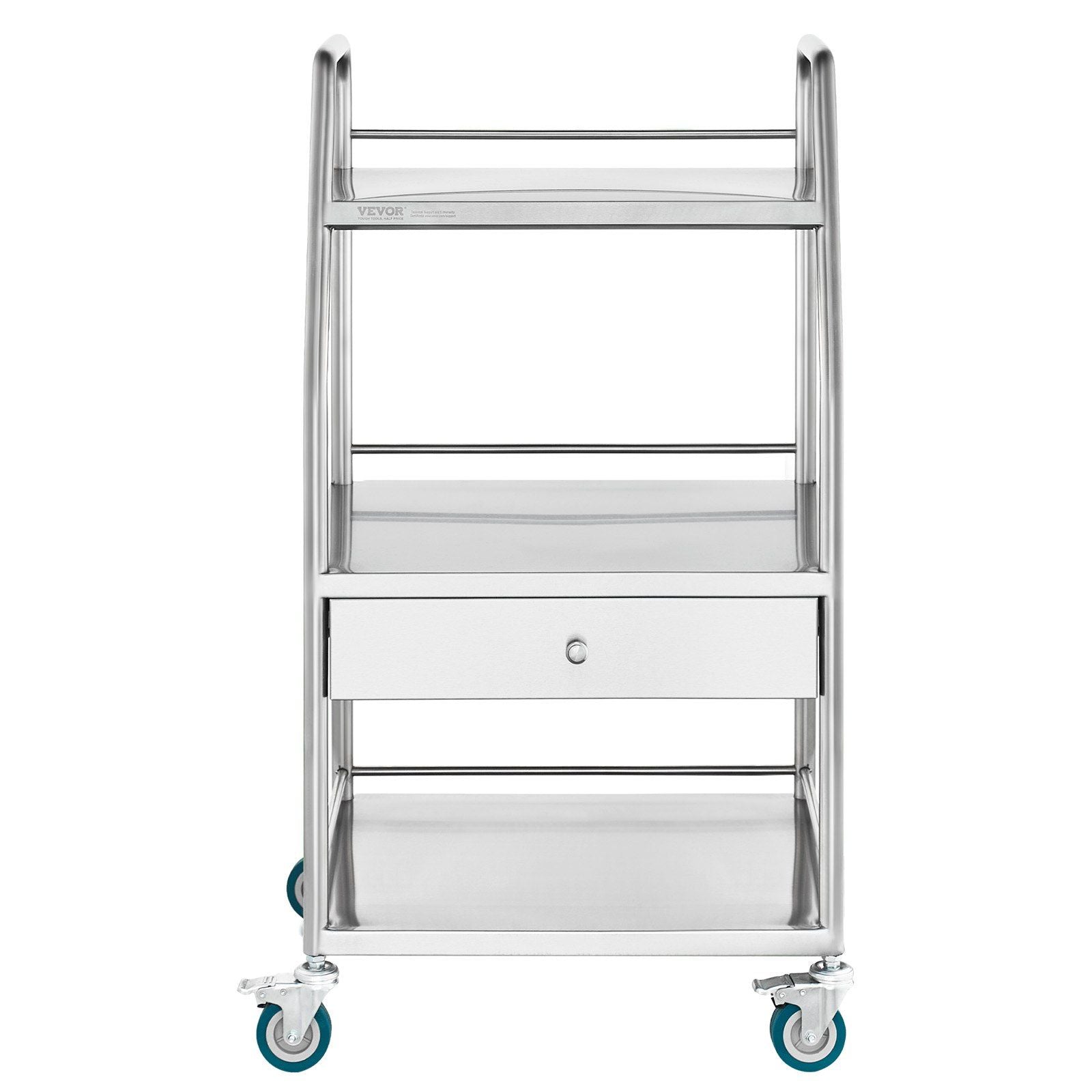 Lab Serving Cart, 3 Layers Stainless Steel Utility Rolling Cart, Medical Cart with A Drawer, Dental Utility Cart with Lockable Wheels, for Laboratory, Hospital, Dental Use