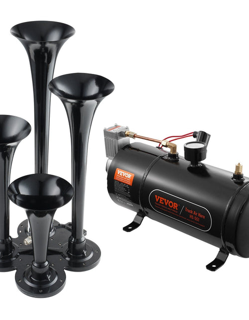 Load image into Gallery viewer, Train Horns Kit, 4 Trumpet Air Horn Kit, 150dB Train Horns for Pickup Trucks, 12V 120 psi Air Compressor 0.8 Gal/3 L Tank with Gauge for Any 12V Vehicle Car Truck Train Van Boat

