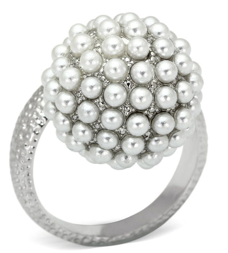LOA831 - Rhodium Brass Ring with Synthetic Pearl in White