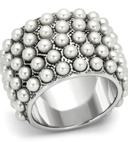 LOA832 - Rhodium Brass Ring with Synthetic Pearl in White