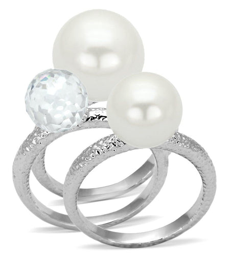 LOA834 - Rhodium Brass Ring with Synthetic Pearl in White