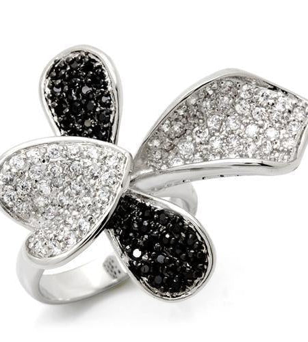 LOA936 - Rhodium + Ruthenium Brass Ring with AAA Grade CZ in Jet