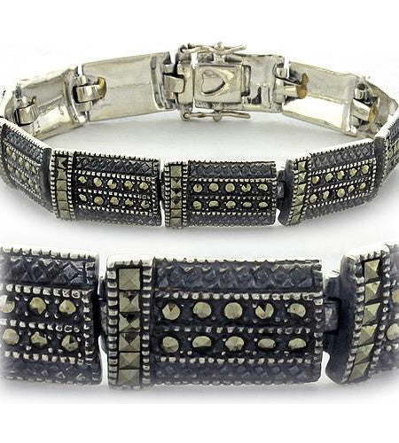 LOAS965 - Antique Tone 925 Sterling Silver Bracelet with Semi-Precious Marcasite in Jet