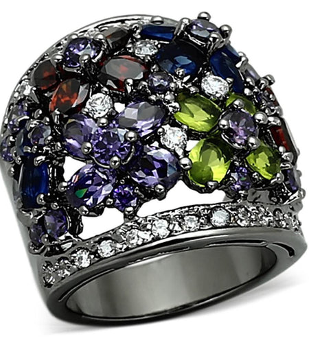 LOA884 - Ruthenium Brass Ring with AAA Grade CZ in Multi Color