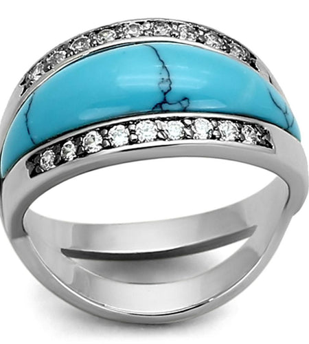 LOA882 - Rhodium Brass Ring with Synthetic Turquoise in Sea Blue