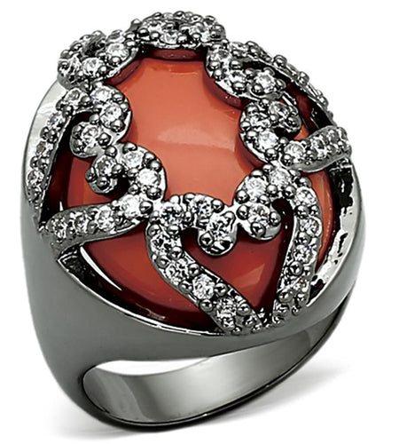 LOA886 - Ruthenium Brass Ring with Synthetic Cat Eye in Orange