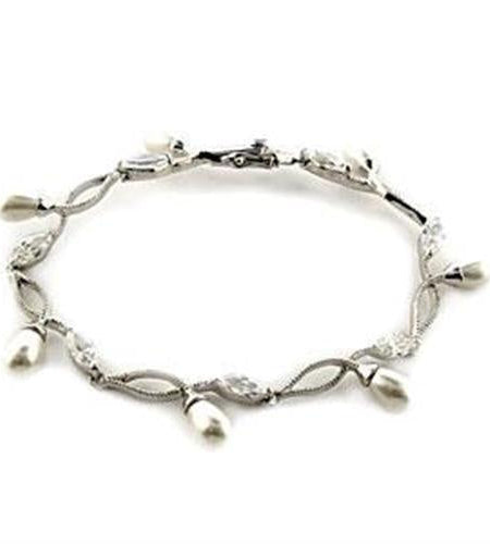 LOA542 - Rhodium 925 Sterling Silver Bracelet with Synthetic Pearl in White