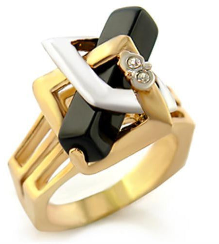 10108 - Gold+Rhodium Brass Ring with Semi-Precious Onyx in Jet