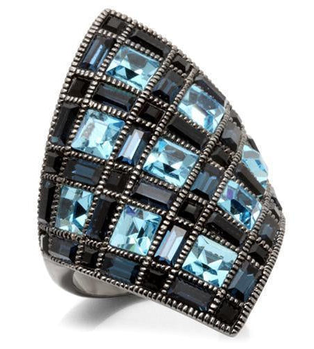 0W235 - Ruthenium Brass Ring with Top Grade Crystal in Sea Blue
