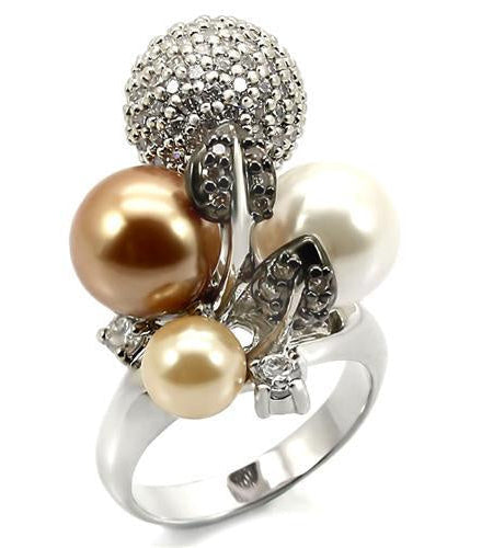 0W296 - Rhodium + Ruthenium Brass Ring with Synthetic Pearl in Multi Color