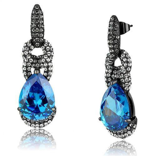 Load image into Gallery viewer, TK2708 - IP Light Black (IP Gun) Stainless Steel Earrings with AAA Grade CZ in Sea Blue
