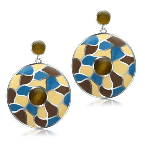 Load image into Gallery viewer, TK281 - High polished (no plating) Stainless Steel Earrings with Synthetic Cat Eye in Brown
