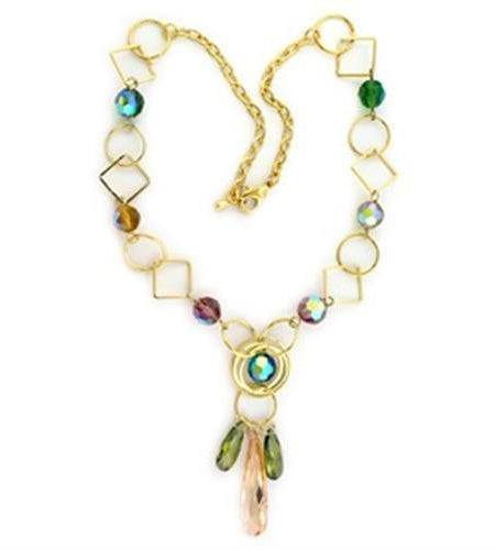 LO721 - Gold Brass Necklace with Synthetic Glass Bead in Multi Color