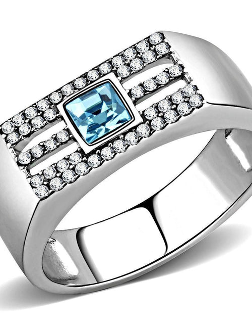 Load image into Gallery viewer, DA283 - High polished (no plating) Stainless Steel Ring with Top Grade Crystal in Sea Blue

