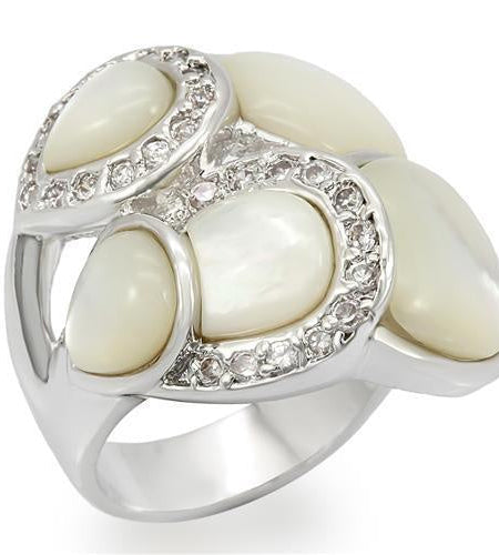 LO1044 - Rhodium Brass Ring with Precious Stone Conch in White
