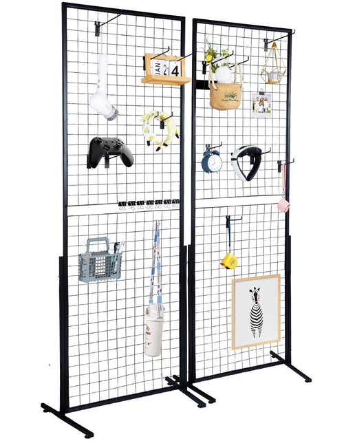 Load image into Gallery viewer, 2' x 5.6' Grid Wall Panels Tower, 2 Packs Wire Gridwall Display Racks with T-Base Floorstanding, Double Side Gridwall Panels for Art Craft Shows, Retail Display with Extra Clips and Hooks
