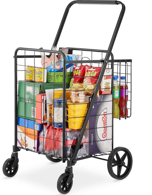 Load image into Gallery viewer, Folding Shopping Cart, Jumbo Grocery Cart with Double Baskets, 360° Swivel Wheels, Heavy Duty Utility Cart, 110 LBS Large Capacity Utility Cart for Laundry, Shopping, Grocery, Luggage
