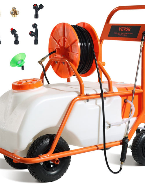 Load image into Gallery viewer, Battery Powered Lawn Sprayer on Wheel, 0-90 PSI Adjustable Pressure, 15 Gallon Tank, Cart Sprayer with 8 Nozzles and 2 Wands, 12V 12Ah Battery, Wide Mouth Lid for Weeding, Spraying
