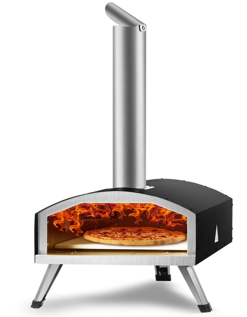 Load image into Gallery viewer, Outdoor Oven 12-inch Pellet and Charcoal Fired Maker, Portable Outside Stainless Steel Grill with Pizza Stone, Waterproof Cover, Shovel, Wood Burner for Backyard Camping, Black
