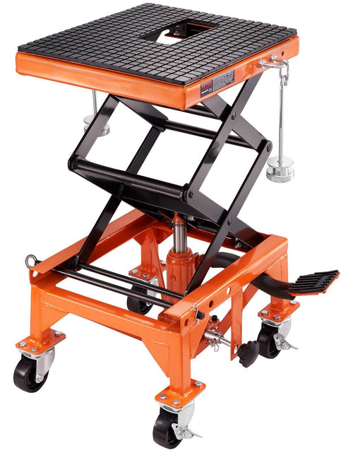 Load image into Gallery viewer, Hydraulic Motorcycle Lift Table, 350 LBS Capacity Motorcycle Scissor Jack Lift with Wide Deck, J-hooks, 4 Wheels, Hydraulic Foot-Operated Jack Stand for ATV Dirt Bikes

