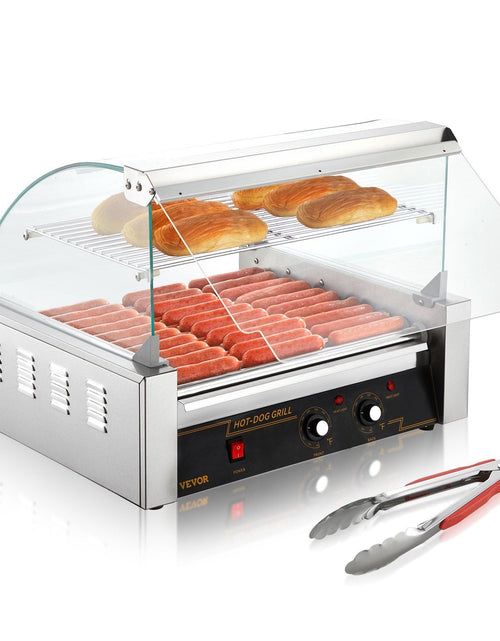 Load image into Gallery viewer, Hot Dog Roller, 11 Rollers 30 Hot Dogs Capacity, 1650W Stainless Sausage Grill Cooker Machine with Dual Temp Control Glass Hood Acrylic Cover Bun Warmer Shelf Removable Drip Tray, ETL Certified
