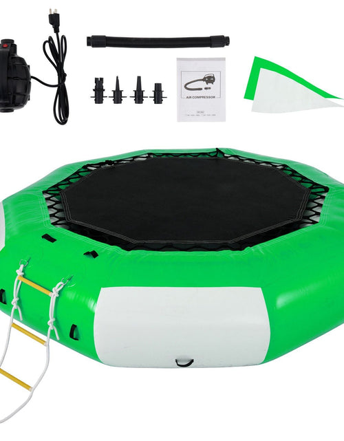 Load image into Gallery viewer, Inflatable Water Trampoline 10FT , Round Inflatable Water Bouncer with 4-Step Ladder, Water Trampoline in Green and White for Water Sports.
