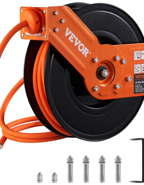 Load image into Gallery viewer, Retractable Air Hose Reel, 3/8 IN x 50 FT Hybrid Air Hose Max 300PSI, Air Compressor Hose Reel with 5 ft Lead in, Ceiling / Wall Mount Heavy Duty Single Arm Steel Reel
