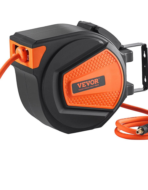 Load image into Gallery viewer, Retractable Air Hose Reel, 3/8 IN x 50 FT Hybrid Air Hose Max 300PSI, Air Compressor Hose Reel with 5 ft Lead in, Ceiling / Wall Mount Enclosed Air Reel, 180° Swivel Mount
