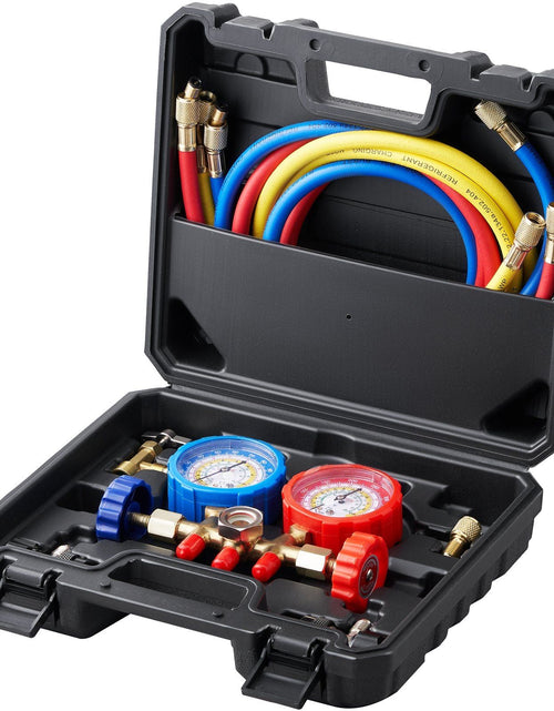 Load image into Gallery viewer, AC Gauge Set - 3 Way AC Manifold Gauge Set for R134A R22 R12 R502 Refrigerant, Freon Gauges with 5ft Hoses, Couplers, Can Tap Works on Car Auto Freon Charging and Evacuation
