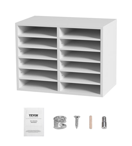 Literature Organizers, 12 Compartments Office Mailbox with Adjustable Shelves, Wood Literature Sorter 20.4x12x16.1 inches for Office, Home, Classroom, Mailrooms Organization, EPA Certified White