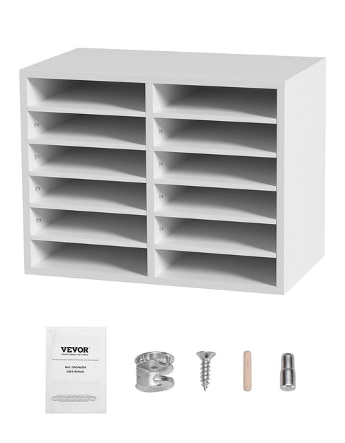 Load image into Gallery viewer, Literature Organizers, 12 Compartments Office Mailbox with Adjustable Shelves, Wood Literature Sorter 20.4x12x16.1 inches for Office, Home, Classroom, Mailrooms Organization, EPA Certified White
