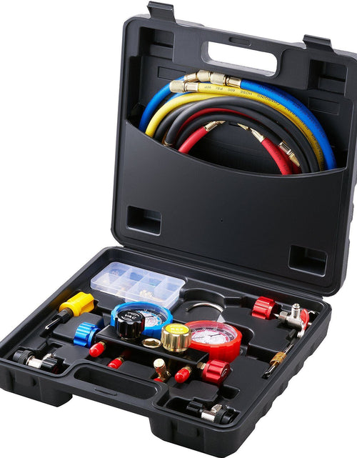 Load image into Gallery viewer, 4 Way AC Gauge - AC Manifold Gauge Set for R134A R22 R12 R410A Refrigerant, Freon Gauges with 5ft Hoses, Couplers, Can Tap Works on Car Auto Freon Charging and Evacuation
