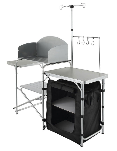 Load image into Gallery viewer, Camping Kitchen Table, Folding Outdoor Cooking Table with Storage Carrying Bag, Aluminum Cook Station 1 Cupboard &amp; Detachable Windscreen, Quick Set-up for Picnics, BBQ, RV Traveling, Black
