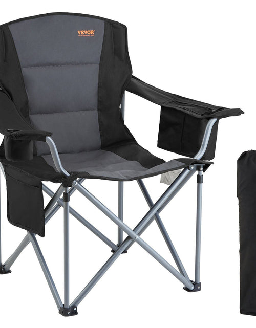 Load image into Gallery viewer, Camping Folding Chair for Adults, Portable Heavy Duty Outdoor Quad Lumbar Back Padded Arm Chairs with Side Pockets, Cup Holder and Cooler Bag for Beach, Lawn, Picnic, Fishing, Backpacking, Black
