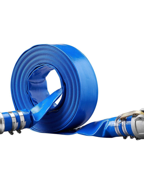 Load image into Gallery viewer, Backwash Hose, 2 in x 50 ft, Heavy-Duty PVC Flat Pool Discharge Hose with Aluminum Camlock C &amp; E Fittings, Clamps, Compatible with Pumps, Sand Filters, for Swimming Pools Waste Water Drain, Blue
