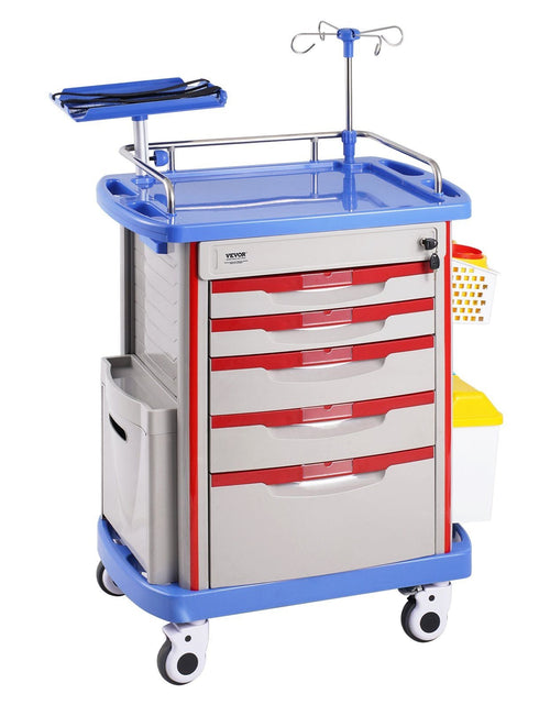 Load image into Gallery viewer, 5 Tiers Lab Carts Mobile Medical Cart with 5 Drawers &amp; 2 Trash Cans Blue
