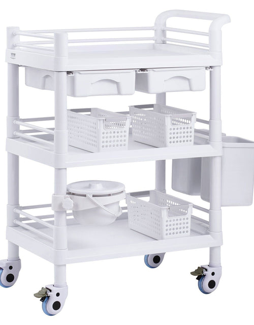 Load image into Gallery viewer, 3 Tiers Lab Carts Mobile Medical Cart with 3 Trays &amp; 3 Trash Cans White, Trolley Storage Cart with PP Material, Lab Rolling Cart with 4 Silent Wheels for Lab, Clinic, Hospital, Salon, Office
