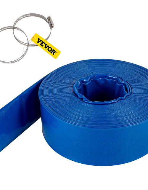 Load image into Gallery viewer, Discharge Hose, 4" x 105', PVC Lay Flat Hose, Heavy Duty Backwash Drain Hose with Clamps, Weather-proof &amp; Burst-proof, Ideal for Swimming Pool &amp; Water Transfer, Blue
