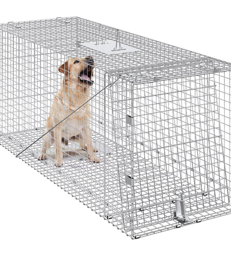 Live Animal Cage Trap, 42" x 16" x 18" Humane Cat Trap Galvanized Iron, Folding Animal Trap with Handle for Stray Dogs, Armadillos, Raccoons, Marmots, Foxes