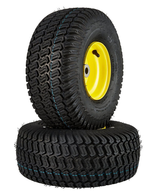 Load image into Gallery viewer, Lawn Mower Tires with Rim, 15x6-6" Tubeless Tractor Tires, 2-Pack Tire and Wheel Assembly, S-Turf Pneumatic Tires, 3" Offset Hub, 3/4" Bushing Size, 16 PCS Adapters for Riding Mower Lawn Tractor
