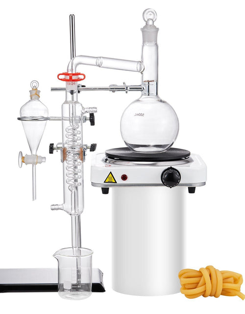 Load image into Gallery viewer, Essential Oil Distillation Kit, 500ml Distillation Apparatus, 3.3 Boro Lab Glassware Distillation Kit with 1000W Heating Plate and 24, 40 Joint, 33 pcs Set
