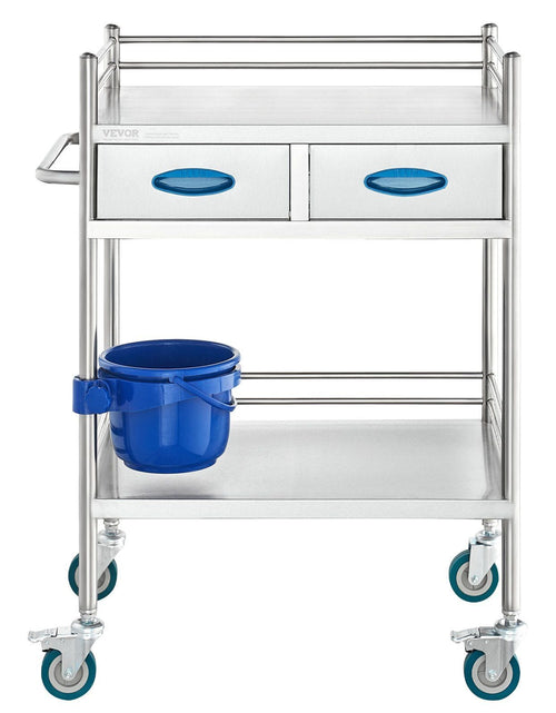 Load image into Gallery viewer, Lab Serving Cart, 2 Layers Stainless Steel Utility Rolling Cart, Medical Cart with Two Drawers, Dental Utility Cart with Lockable Wheels and A Bucket, for Laboratory, Hospital, Dental Use

