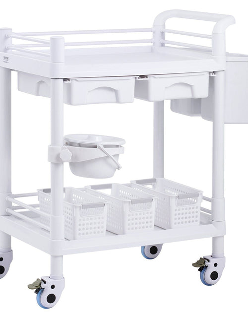 Load image into Gallery viewer, 2 Tiers Lab Carts Mobile Medical Cart 2 Trays 2 Drawers 3 Trash Cans White, Trolley Storage Cart with PP Material, Lab Rolling Cart with 4 Silent Wheels for Lab, Clinic, Hospital, Salon, Office
