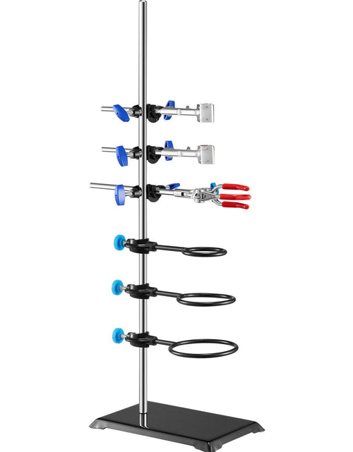 Load image into Gallery viewer, Lab Stand Support, Laboratory Retort Support Stand Set, Steel Lab Stand 23.6" Rod and 8.3" x 5.7" Cast Iron Base, Includes Flask Clamps, a Burette Clamp and Cross Clamps
