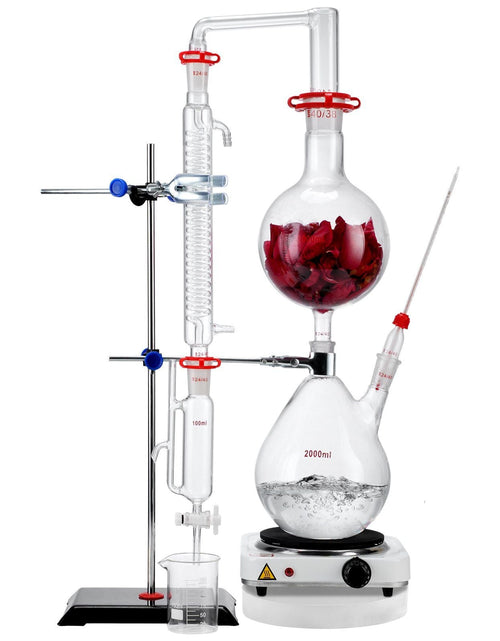 Load image into Gallery viewer, Essential Oil Distillation Kit, 2000ml Distillation Apparatus, 3.3 Boro Lab Glassware Distillation Kit with 1000W Heating Plate and 24, 40 Joint, 28 pcs Set
