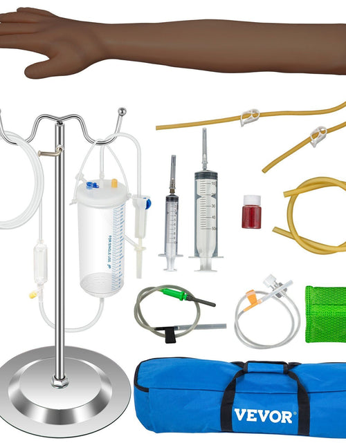 Load image into Gallery viewer, Phlebotomy Practice Kit, Dark Skin IV Practice Kit Venipuncture Learning Phlebotomy Practice Arm Kit with Infusion Stand for Nurse, Medical Students
