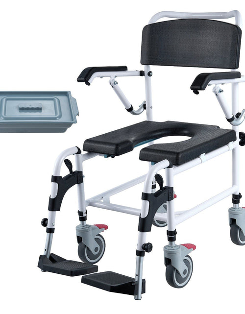 Load image into Gallery viewer, Shower Commode Wheelchair with 4 Lockable Wheels, Footrests, Flip-up Arms, 3-Level Adjustable Height, 5L Removable Bucket, 350 LBS Capacity, Commode Chair for Adults Seniors
