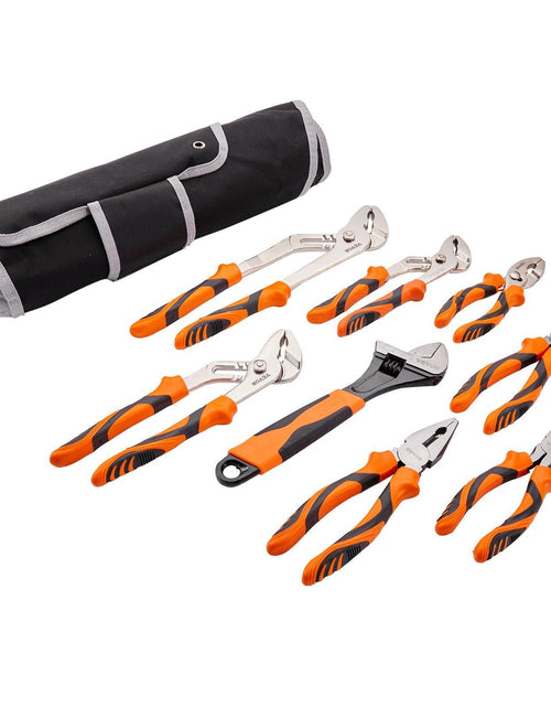 Load image into Gallery viewer, 8-Piece Pliers Set, High Carbon Steel, 12"/10"/8" Groove Joint Pliers, 8" Linesman's Pliers, 6" Slip Joint Pliers, 8" Long Nose Pliers, 6" Diagonal Cutter, 10" Adjustable Wrench, and Tool Bag
