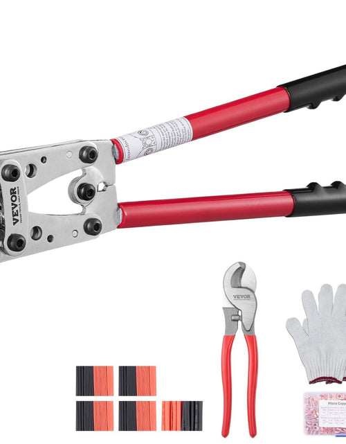 Load image into Gallery viewer, Crimping Tool, AWG10-1/0 Copper And Aluminum Terminal Battery Lug Crimper, 6 Wire Sizes Crimping Die, with a Cutting Pliers, Gloves, 95pcs Copper Ring Connectors, and 100pcs Heat Shrink Tubes
