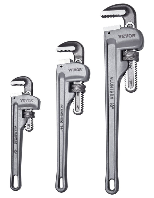 Load image into Gallery viewer, 3-Piece Pipe Wrench Set, 10" 14" 18" Aluminum Straight Pipe Wrench, Adjustable Plumbing Wrench, with High Strength Jaw and Ergonomic Handle, Hangable Design, for Water Pipes, Automotive Repairs
